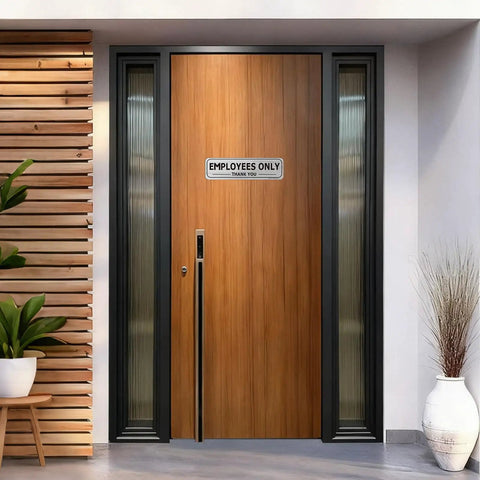 Wooden door with "Employees Only" sign, Two Pack Employees Only Sign Stickers 9 By 2 And A Half Inches With Back Adhesive Metal Like Brushed Silver Finish Waterproof Fade Resistant Vinyl For Doors Walls Offices Stores Restrooms Keeps Unwanted Folks Out