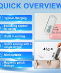2 In 1 Mini Bag Sealer With Cutter Rechargeable Portable Heat Sealer for Chip Bags shown on blue background with features