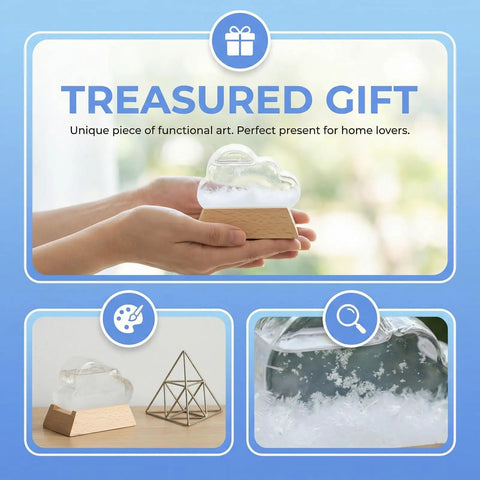 Hands holding a cloud-shaped storm glass weather forecaster on wooden base, marked as a treasured gift, with decorative background.
