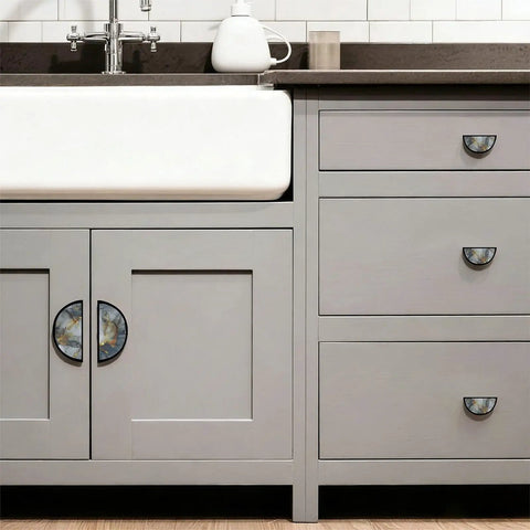 Two Pack Dope Grey Gold Fluid Art Cabinet Pulls With Black Semicircle Drawer Handles on kitchen cabinets