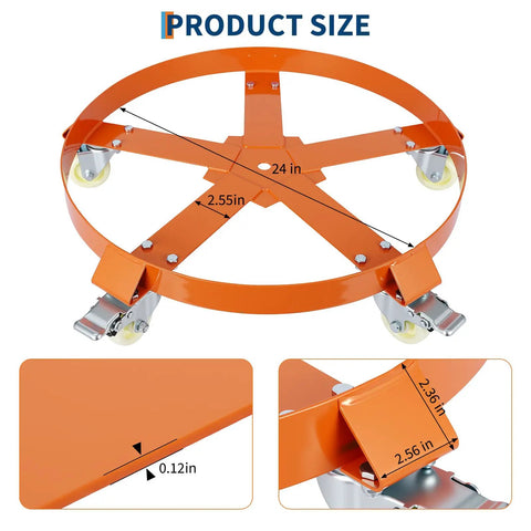 Workhorse Heavy Duty Drum Dolly With 4 Wheels, Steel Oil Barrel Cart For Moving Bulk Cylinders, 24-inch circular base with measurements.