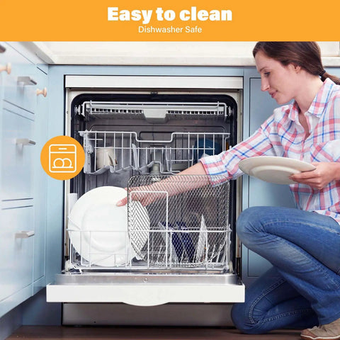 Woman loading a dishwasher with plates, showcasing the easy-to-clean feature of the Kick Up Your Kitchen Game With These Premium Air Fryer Shelves For PowerXL Vortex 10Qt, 3 Pack Stainless Steel Mesh Crisper Racks, Dishwasher Safe, No Sweat Cleanup For Crispy Perfection Daily.