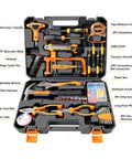 Heavy Duty Ninety Five Piece Tool Kit With Cordless Power Drill And Slick Portable Case For DIY Home Repair Auto Service, organized tools in plastic case.