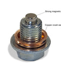 Magnetic Oil Drain Plug with Copper Crush Washer for Nissan showcasing strong magnetic tip to catch metal shavings, front view.