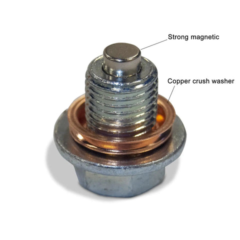 Magnetic Oil Drain Plug with Copper Crush Washer for Nissan showcasing strong magnetic tip to catch metal shavings, front view.