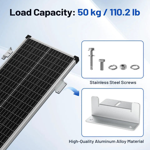 16 Piece Solar Panel Mounting Bracket Kit With Z Brackets Lightweight Aluminum Corrosion Free Construction Perfect For RVs Trailers Vans Yachts And Off Grid Roof Installations, showing solar panel and hardware.