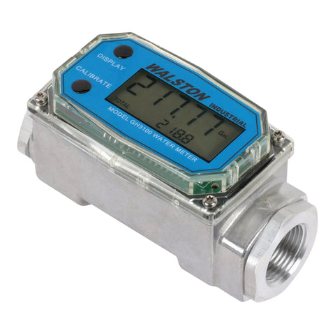 Three Quarter Inch Digital Water Meter Inline Flow Meter With Female NPT Threads To Track Water Usage In Gallons Quarts Pints And Liters Battery Powered By Two AAA Batteries Factory Calibrated For Water And Recalibratable, angled view