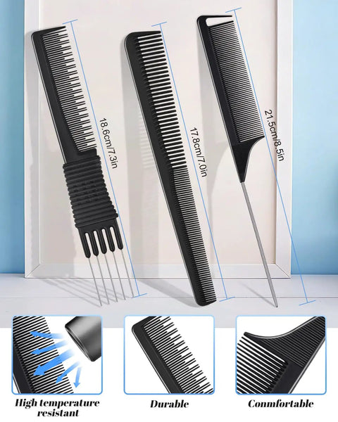50 Pack Heavy Duty Metal Pin Curl Clips With Three Essential Loc Combs For Strong Braid Support Flex And Twist Mastery That Slays On Every Crown - three black combs with measurements