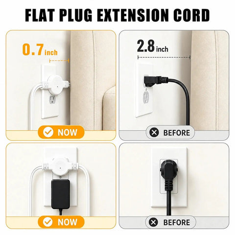 Ditch The Janky Setup With This 12 Ft Twin Extension Cord Offering Three Side Outlets And A Sleek Flat Plug for easy wall access.
