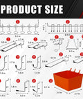 Diagram showing sizes of 278-piece Premium Pegboard Hooks Assortment Kit with 16 hook types and bins for garage wall organization.