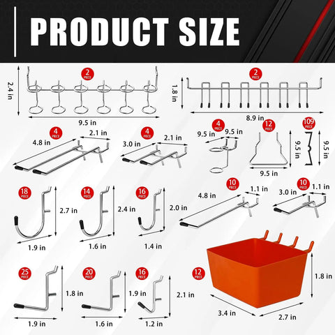 Diagram showing sizes of 278-piece Premium Pegboard Hooks Assortment Kit with 16 hook types and bins for garage wall organization.