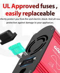 300W Pure Sine Wave Car Power Inverter With PD 30W Type C And QC 3.0 USB showcasing UL approved replaceable fuses