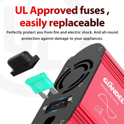 300W Pure Sine Wave Car Power Inverter With PD 30W Type C And QC 3.0 USB showcasing UL approved replaceable fuses