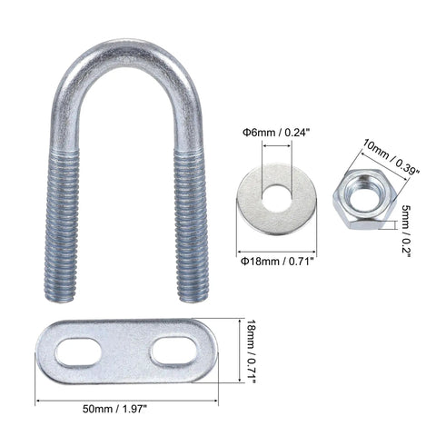 Heavy Duty Round U-Bolts Set Of 4 With Nuts, Plates And Washers, 0.63 Inch Inner Width, 46mm Length, M6 Thread, Steel U-Bolt Hardware