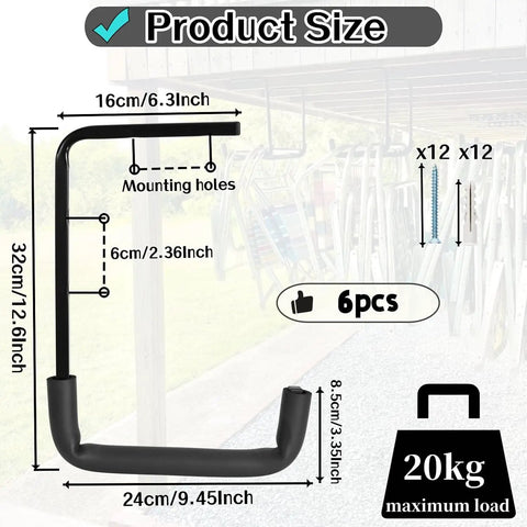 Illustration of an Overhead Garage Storage Rack Set Ceiling Mounted Hooks And Ladder Hangers, showing measurements and max load.