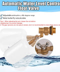 Half Inch Brass Float Valve With Adjustable Arm Automatic Fill And Shut Off For Water Tank Livestock Trough Fountain Pool Or Pond 60 PSI Durable Leak Free Water Level Control Valve, illustrated with instructions.