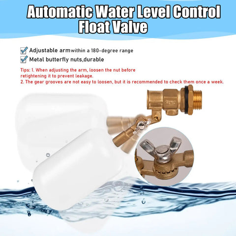 Half Inch Brass Float Valve With Adjustable Arm Automatic Fill And Shut Off For Water Tank Livestock Trough Fountain Pool Or Pond 60 PSI Durable Leak Free Water Level Control Valve, illustrated with instructions.