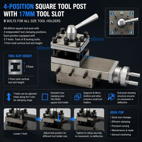 Heavy Duty Lathe Tool Post Assembly Featuring Smooth Cross Slide Motion Plus Dead Nuts Accurate Cast Iron Block Built Tough For Benchtop Hobbyists Handling Tight Spot Machining Jobs