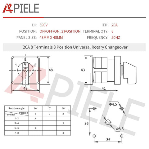 Diagram of Heavy Duty Three Position Changeover Selector Switch 440V Universal Rotary Cam Switch for industrial use, 8 terminals.