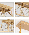 Close-up angles of Five Light Gold Modern Farmhouse Chandelier for Kitchen Island, featuring geometric gold frame and bulb holders.
