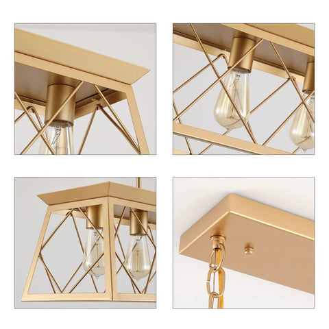 Close-up angles of Five Light Gold Modern Farmhouse Chandelier for Kitchen Island, featuring geometric gold frame and bulb holders.