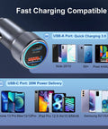 Dual Port USB C Car Charger 36W Hella Fast Charging Plug N Play Cigarette Lighter Adapter With PD QC 3.0 Power Delivery For iPhone 15 14 13 Samsung Galaxy S24 S21 iPad Pixel Grey showing USB ports and compatible devices.