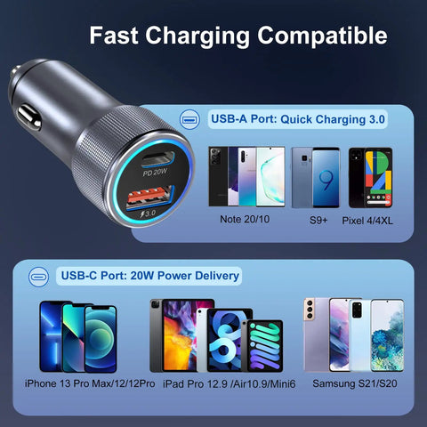 Dual Port USB C Car Charger 36W Hella Fast Charging Plug N Play Cigarette Lighter Adapter With PD QC 3.0 Power Delivery For iPhone 15 14 13 Samsung Galaxy S24 S21 iPad Pixel Grey showing USB ports and compatible devices.