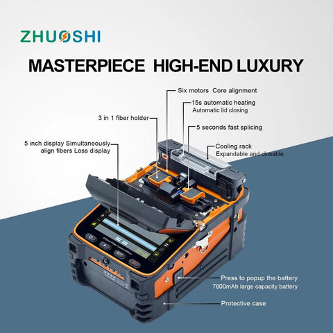 Six Motor Fiber Fusion Splicer With Core Alignment Visual Fault Locator And Optical Power Meter displayed with open protective case