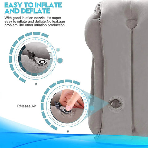 Inflatable travel pillow with 3D eye mask and earplugs showing easy inflation valve, ultra comfy neck support for travel.