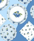Awesome Blueberry Party Supplies 200 Piece Disposable Tableware Set Serves Fifty Includes Gingham Dessert Plates And Berry Napkins For Birthday Picnics That Hits Different And Gives Major Celebration Vibes featuring blueberry designs on plates and napkins.