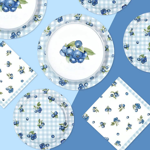 Awesome Blueberry Party Supplies 200 Piece Disposable Tableware Set Serves Fifty Includes Gingham Dessert Plates And Berry Napkins For Birthday Picnics That Hits Different And Gives Major Celebration Vibes featuring blueberry designs on plates and napkins.