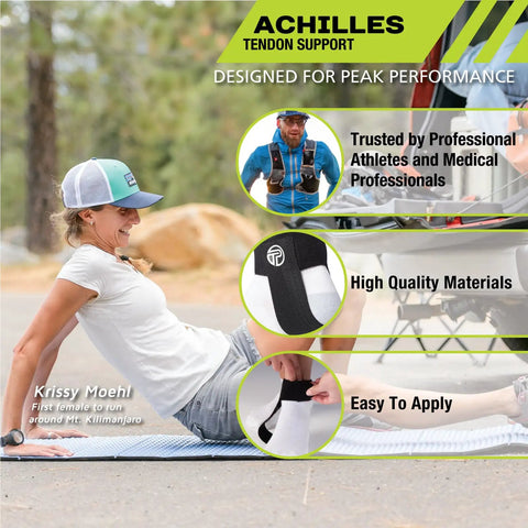 Woman sitting outdoors showing Achilles Tendon Support Brace For Tendonitis Relief with Targeted Compression Pad and Straps
