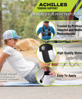 Achilles Tendon Support with adjustable strap used outdoors, highlighting high quality materials and ease of use, worn by a woman.