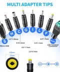 Universal 12V Power Supply Adapter With Adjustable Outputs and multi adapter tips shown, including Micro-USB and LED terminal connector.
