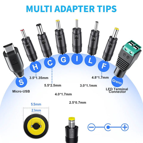 Universal 12V Power Supply Adapter With Adjustable Outputs and multi adapter tips shown, including Micro-USB and LED terminal connector.