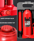 Close-up of a red heavy duty 6 ton hydraulic bottle jack for cars, trucks and SUVs with welded steel construction and manual handle.