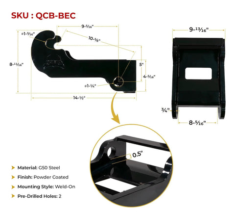X Change Coupler Bracket For Bobcat Quick Attachments Mini Excavator Bucket Mount, G50 steel, black coated, dimensions shown