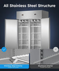 Heavy Duty Commercial Fridge And Freezer Combo With 48 Inch Width And 38 Cubic Feet showing stainless steel structure and adjustable shelves.