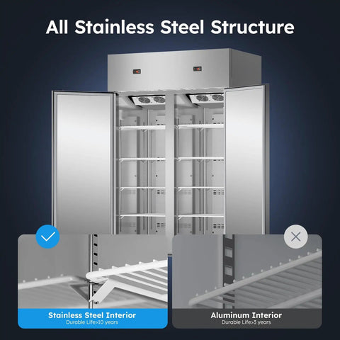 Heavy Duty Commercial Fridge And Freezer Combo With 48 Inch Width And 38 Cubic Feet showing stainless steel structure and adjustable shelves.
