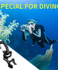 Diver underwater using Two Pack Scuba Hose Clips For Dope Dive Gear with corals in background, black and yellow accessories shown.