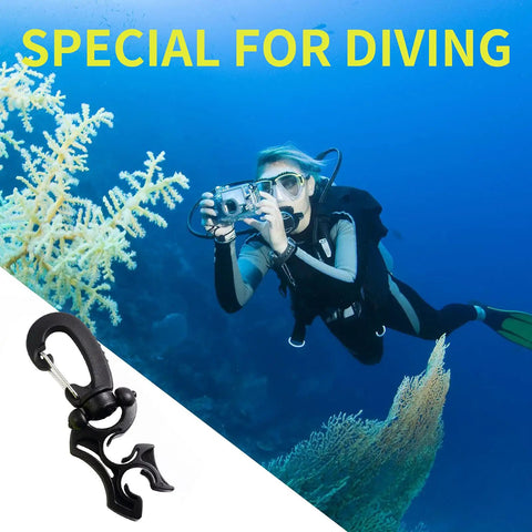 Diver underwater using Two Pack Scuba Hose Clips For Dope Dive Gear with corals in background, black and yellow accessories shown.