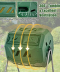Dual Chamber 43 Gallon Outdoor Compost Tumbler With Sliding Doors And Included Gloves shown in garden highlighting airflow and tumbling feature.