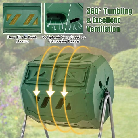 Dual Chamber 43 Gallon Outdoor Compost Tumbler With Sliding Doors And Included Gloves shown in garden highlighting airflow and tumbling feature.