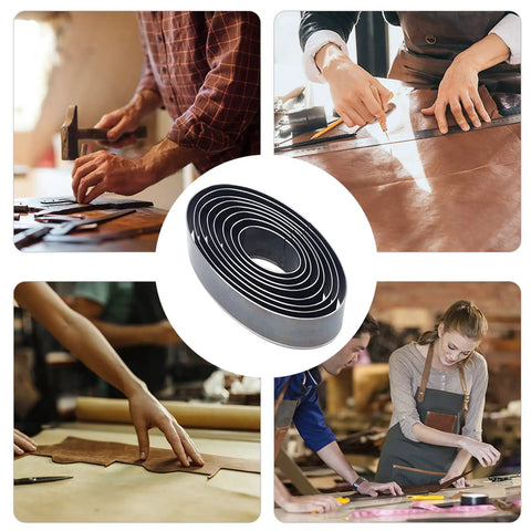 Collage of crafters using Elliptical Leather Punch Tool Set With Cutting Dies for Hole Punching High Carbon Steel DIY Leather Craft Kit.