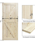 36 Inch By 80 Inch Sliding Barn Wood Door Pre Drilled Ready To Assemble Unfinished Solid Spruce Panel Door For Interior Single Door Natural Finish K Frame Compatible Fits 6 Ft To 6.6 Ft Rails DIY Friendly shown in front view with dimensions and material details.