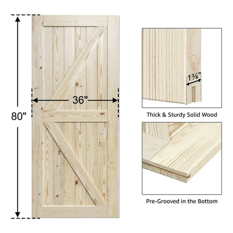 36 Inch By 80 Inch Sliding Barn Wood Door Pre Drilled Ready To Assemble Unfinished Solid Spruce Panel Door For Interior Single Door Natural Finish K Frame Compatible Fits 6 Ft To 6.6 Ft Rails DIY Friendly shown in front view with dimensions and material details.