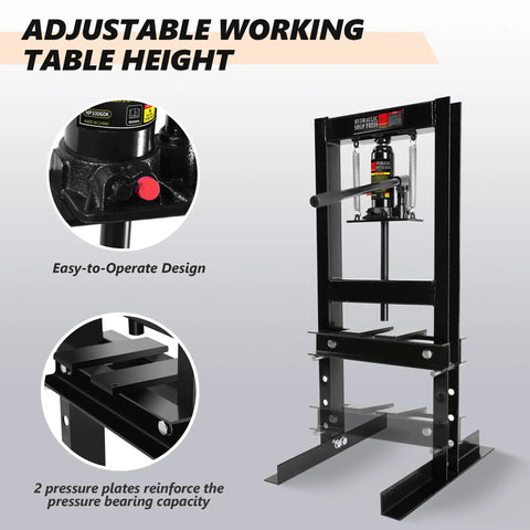6 Ton Hydraulic Shop Press With Heavy Duty H Frame For Bearing Installation And U Joint Press, Adjustable Worktable For Metal Bending And Straightening, Includes Stamping Plates And Bottle Jack For Garage Pro Use, featuring adjustable working table height and easy-to-operate design.