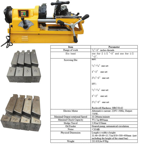 Heavy Duty 220V Electric Pipe Threader And Cutter With Trade Grade NPT BSPT Dies for metal tubing, includes compatible dies.