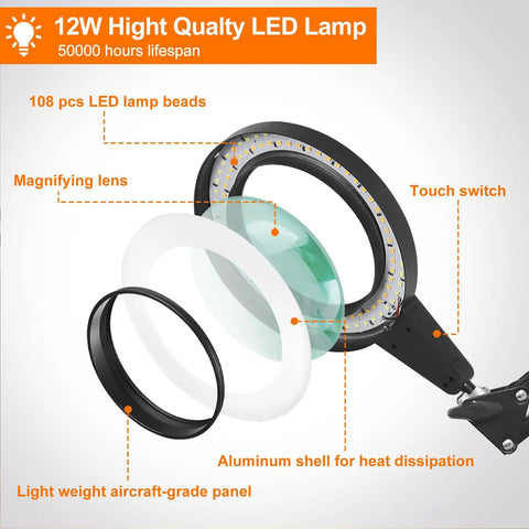 Exploded view of 8X Real Glass Magnifying Glass With Light And Stand 2 In 1 showing LED components and aluminum shell