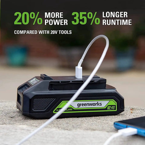 Beefy 24V Brushless Drill Driver And One Quarter Inch Impact Driver Combo Kit With Dual USB Power Bank Batteries charging phone